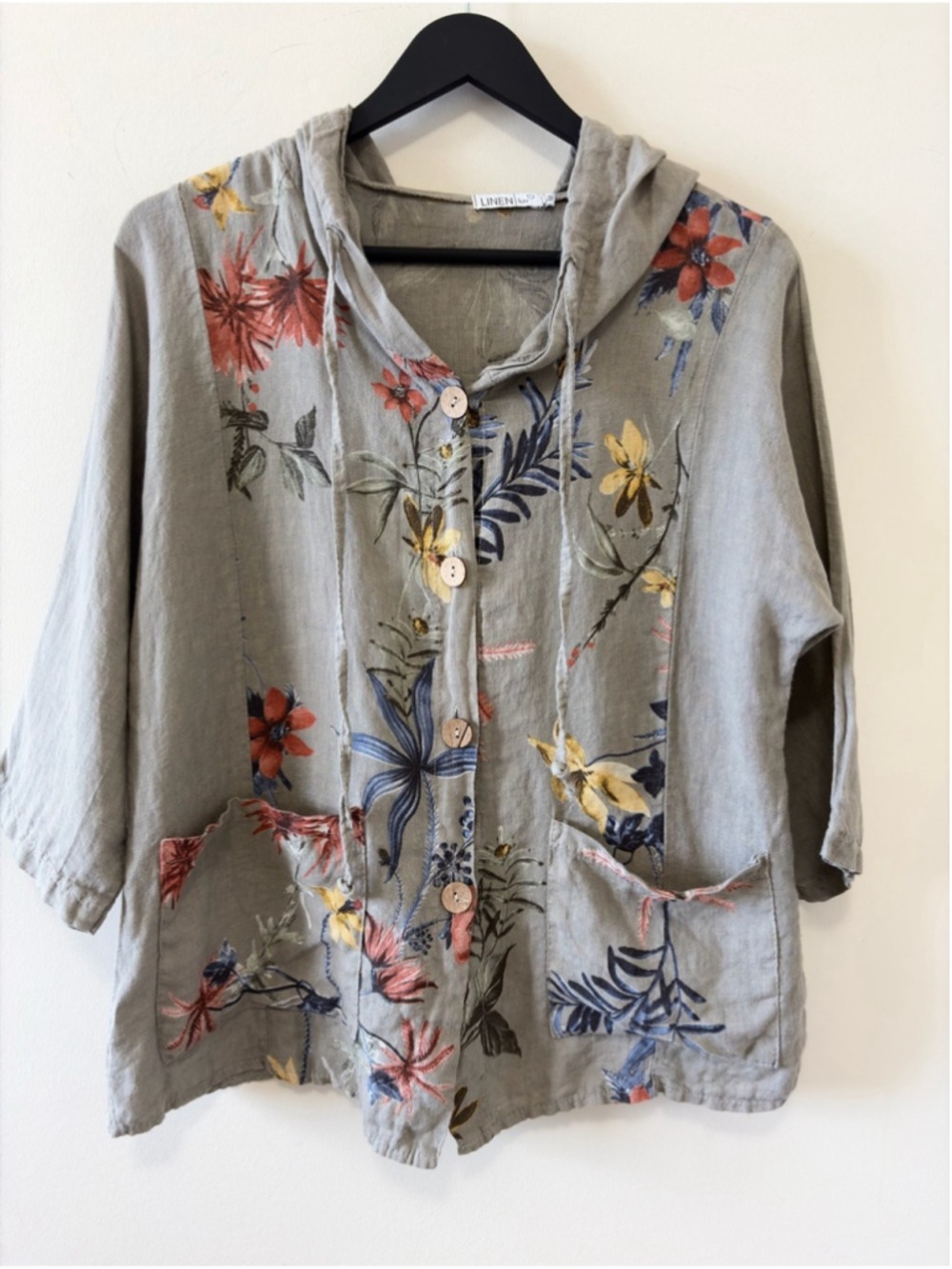 Linen Hooded Floral Button-Front Jacket - Taupe